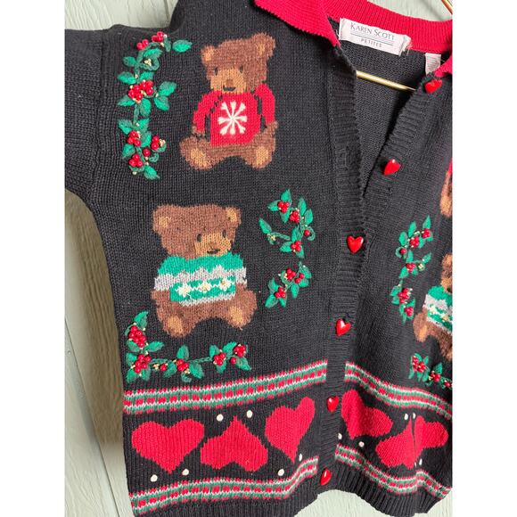 Vintage 90s Teddy Bear Christmas Cardigan Sweater PS Black Red Heart Embroidered - Picture 3 of 7